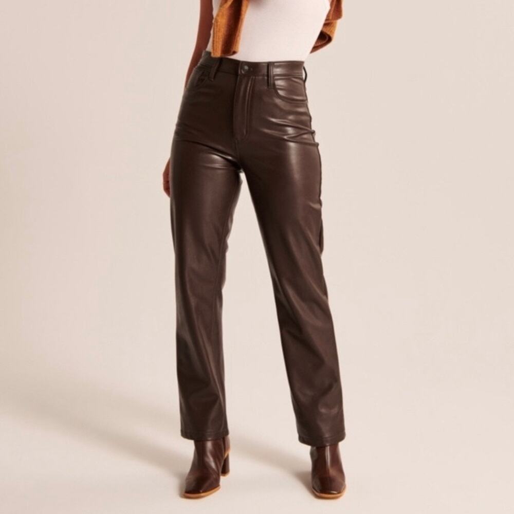 NEW Abercrombie 90s Straight Ultra High Rise Brown Leather Pants 34/18 Long